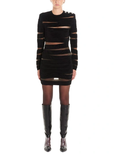 Shop Balmain Sheer Detail Striped Fitted Dress In Black