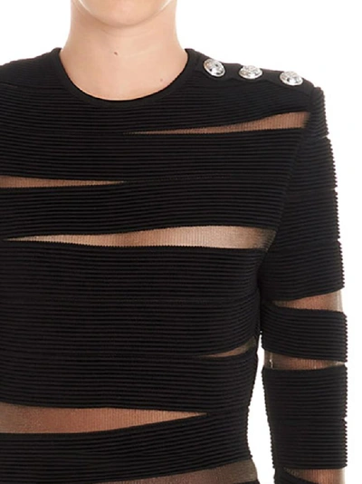 Shop Balmain Sheer Detail Striped Fitted Dress In Black