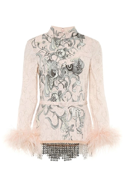 Shop Prada Printed Sable Top With Feathers In Pink