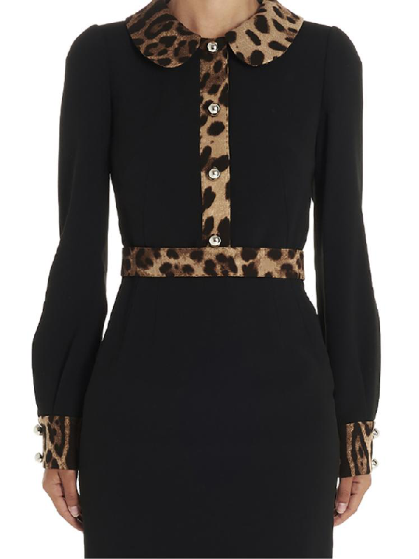 Dolce & Gabbana Leopard Print Trim Midi Dress In Black | ModeSens