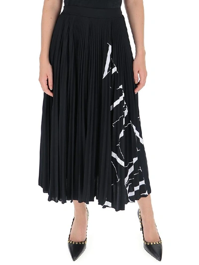 Shop Valentino Logo Print Pleated Skirt In Black