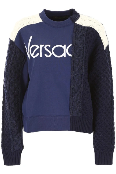 Shop Versace Patchwork Effect Jersey Pullover In Blue