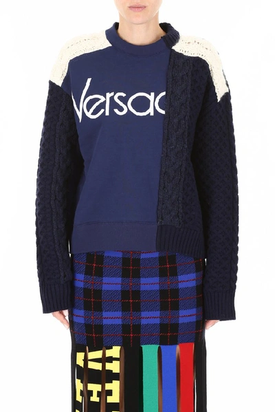 Shop Versace Patchwork Effect Jersey Pullover In Blue