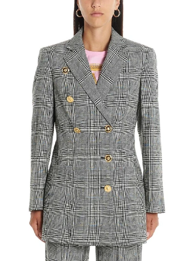 Shop Versace Checkered Double Breasted Blazer In Grey