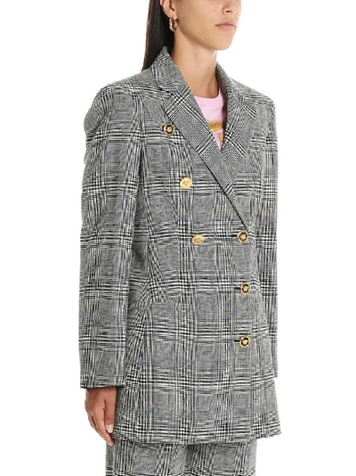 Shop Versace Checkered Double Breasted Blazer In Grey