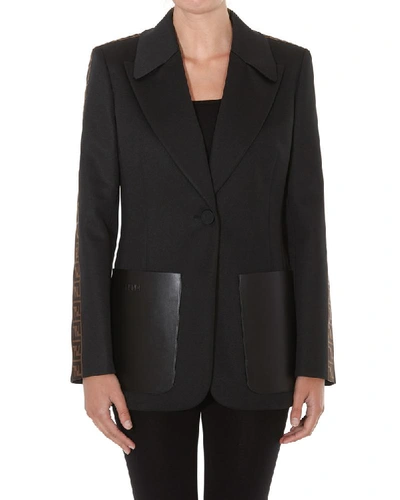 Shop Fendi Leather Pocket Detail Single Breasted Blazer In Black