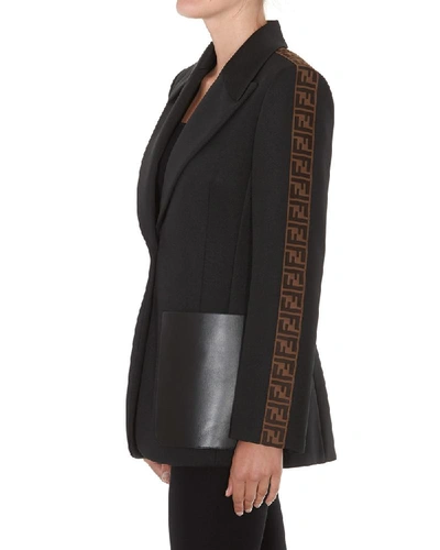 Shop Fendi Leather Pocket Detail Single Breasted Blazer In Black