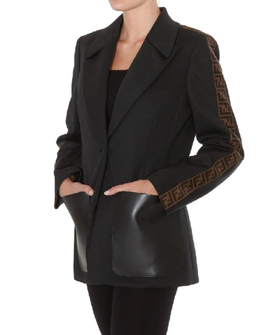 Shop Fendi Leather Pocket Detail Single Breasted Blazer In Black