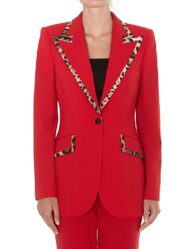 Shop Dolce & Gabbana Leopard Print Trim Single Breasted Blazer In Red