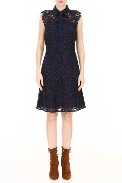 Shop Michael Michael Kors Pussybow Lace Dress In Navy