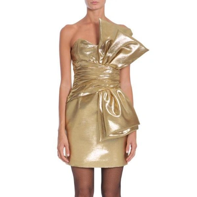 Shop Saint Laurent Oversized Bow Mini Dress In Gold