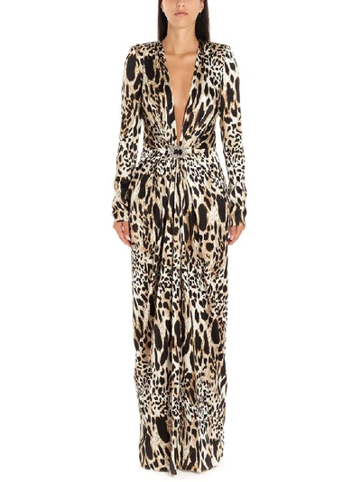 Shop Alexandre Vauthier Leopard Print V Neck Embellished Belt Maxi Gown In Multi