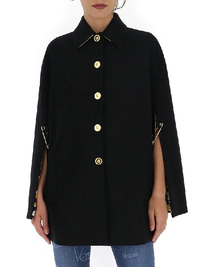 Shop Versace Cape Sleeves Flared Coat In Black