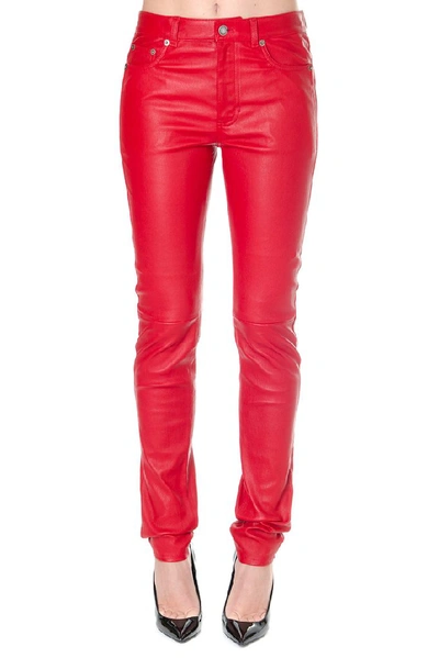 Shop Saint Laurent Slim Fit Leather Pants In Red