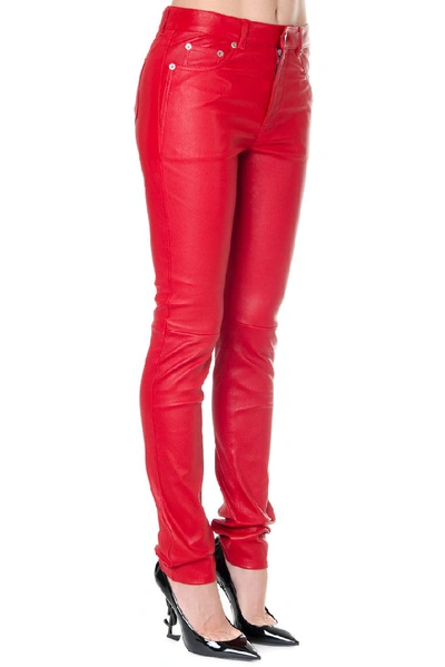 Shop Saint Laurent Slim Fit Leather Pants In Red