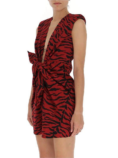 Shop Saint Laurent Zebra Print Draped Dress In Red