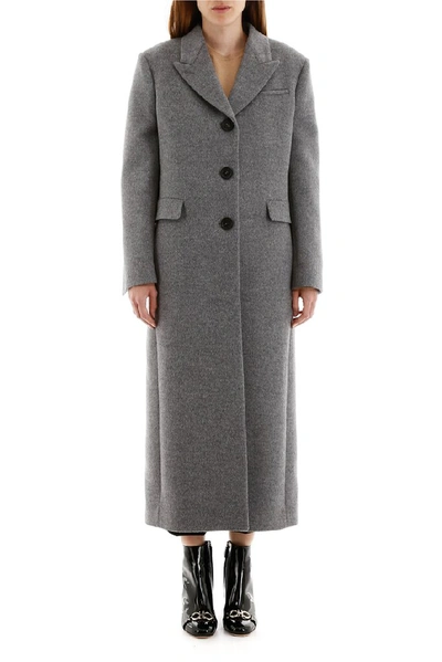 Shop Ferragamo Salvatore  Single Breasted Fitted Long Coat In Grey