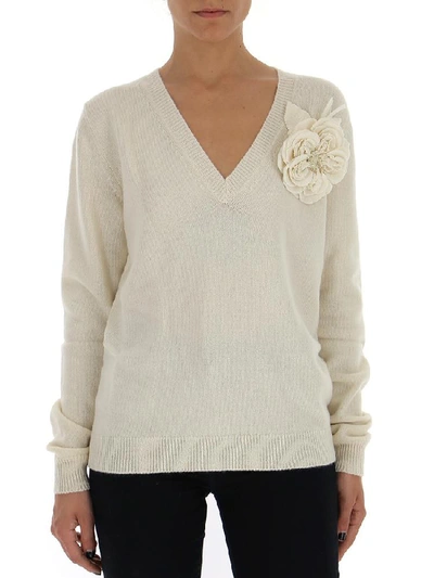 Shop Gucci Flower Appliqué V Neck Sweater In White