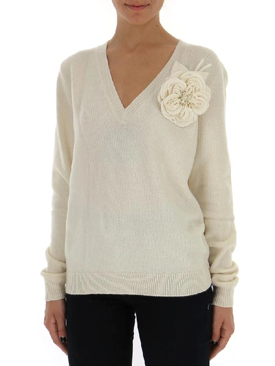 Shop Gucci Flower Appliqué V Neck Sweater In White