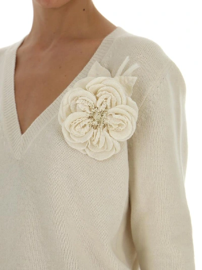 Shop Gucci Flower Appliqué V Neck Sweater In White