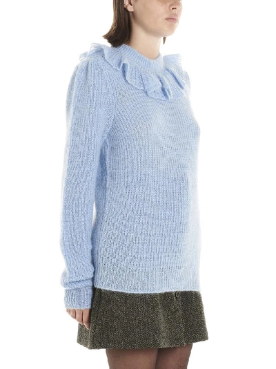 Shop Miu Miu Ruffled Neck Ribbed Sweatshirt In Blue