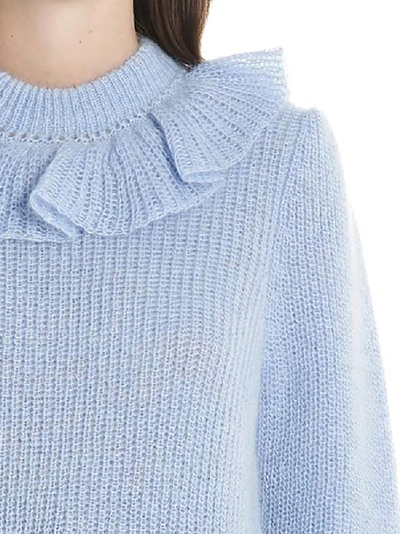 Shop Miu Miu Ruffled Neck Ribbed Sweatshirt In Blue