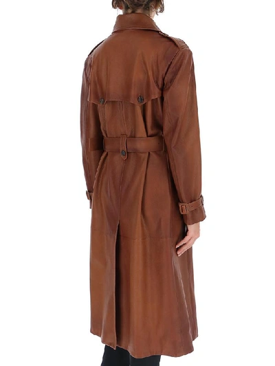 Shop Prada Belted Double Breasted Leather Coat In Brown