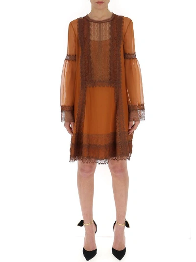 Shop Alberta Ferretti Lace Trim Shift Dress In Brown