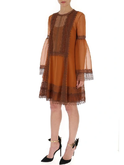 Shop Alberta Ferretti Lace Trim Shift Dress In Brown