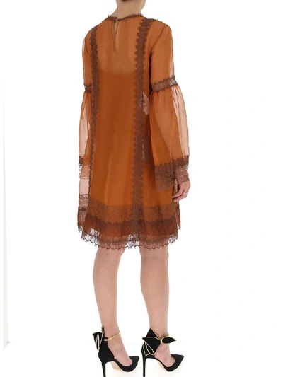 Shop Alberta Ferretti Lace Trim Shift Dress In Brown