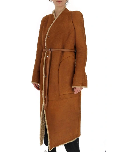 Shop Rick Owens Nomi Shearling Belted Coat In Brown