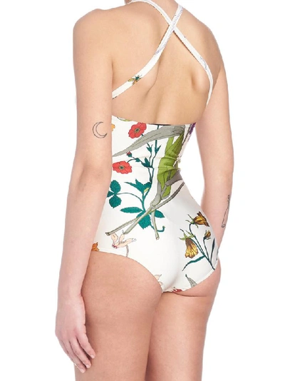Shop Gucci Floral Print Logo Swimsuit In Multi