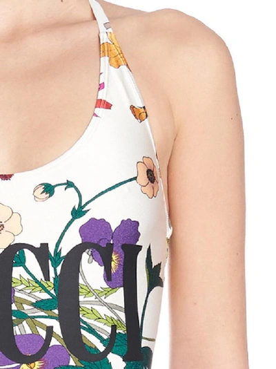 Shop Gucci Floral Print Logo Swimsuit In Multi
