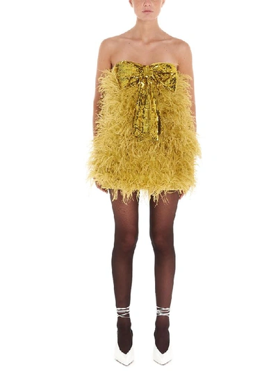 Shop Attico Feathered Sequin Bow Mini Dress In Yellow
