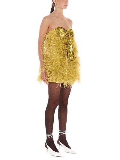 Shop Attico Feathered Sequin Bow Mini Dress In Yellow