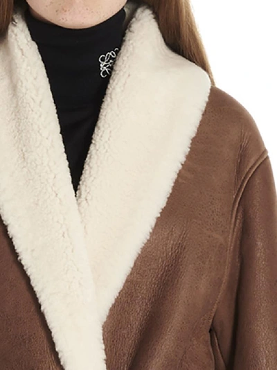 Shop Loewe Belted Leather Shearling Coat In Brown