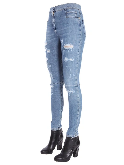 Shop Balmain Distressed Skinny Jeans In Blue