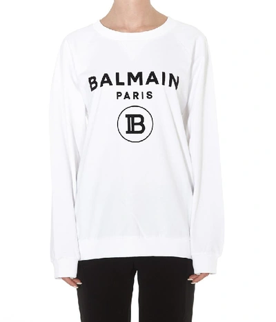 Shop Balmain Logo Print Crewneck Sweatshirt In White