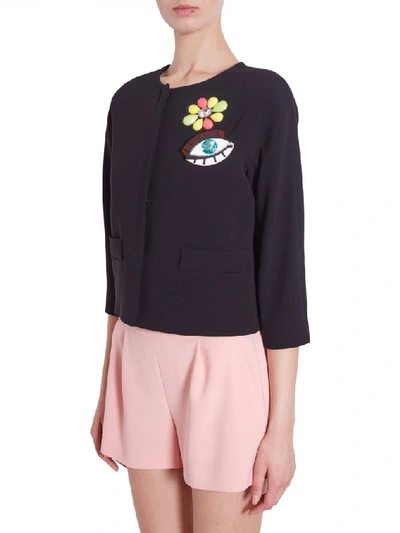 Shop Boutique Moschino Flower And Eye Patch Collarless Jacket In Black