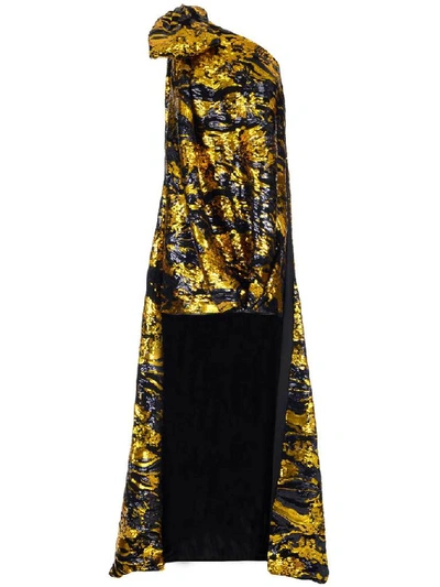 Shop Halpern Sequinned Long Train Panel One Shoulder Dress In Multicolor