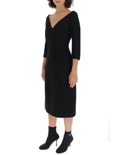 Shop Prada V Neck Midi Dress In Black