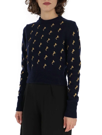 Shop Chloé Horse Embroidered Knitted Sweater In Evening Blue