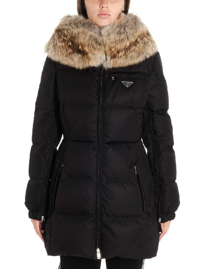 Shop Prada Padded Fur Trim Hooded Jacket In Black