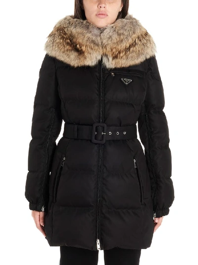 Shop Prada Padded Fur Trim Hooded Jacket In Black