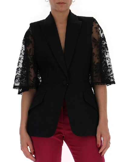 Shop Alexander Mcqueen Lace Sleeves Tailored Jacket In Black
