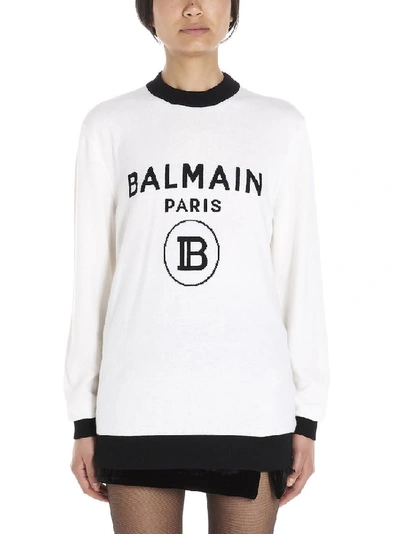 Shop Balmain Knitted Logo Crewneck Sweatshirt In White
