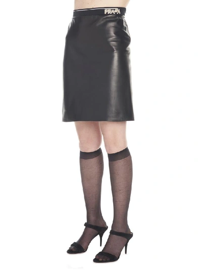 Shop Prada Leather Logo Skirt In Black