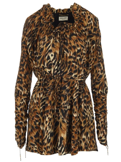 Shop Saint Laurent Leopard Print Ruffle Mini Dress In Multi