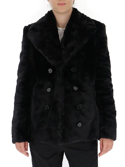 Shop Saint Laurent Faux Fur Pea Coat In Black