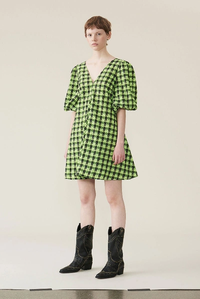 Shop Ganni Seersucker Check Dress In Green